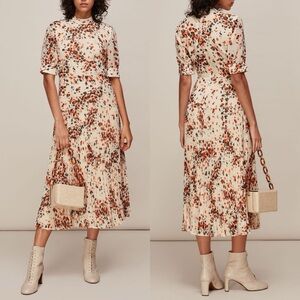 Whistles Orange Mottled Animal Pleated Midi Dress Chiffon Short Sleeve Size 2